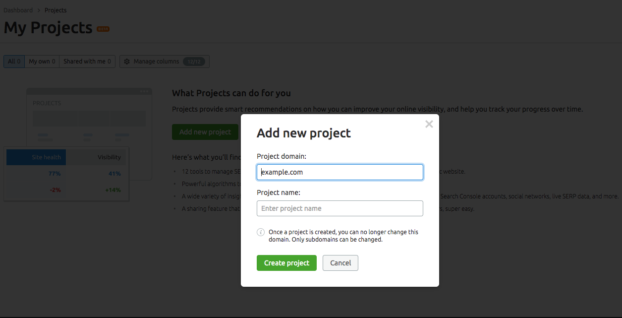 Add a New Project in SEMrush