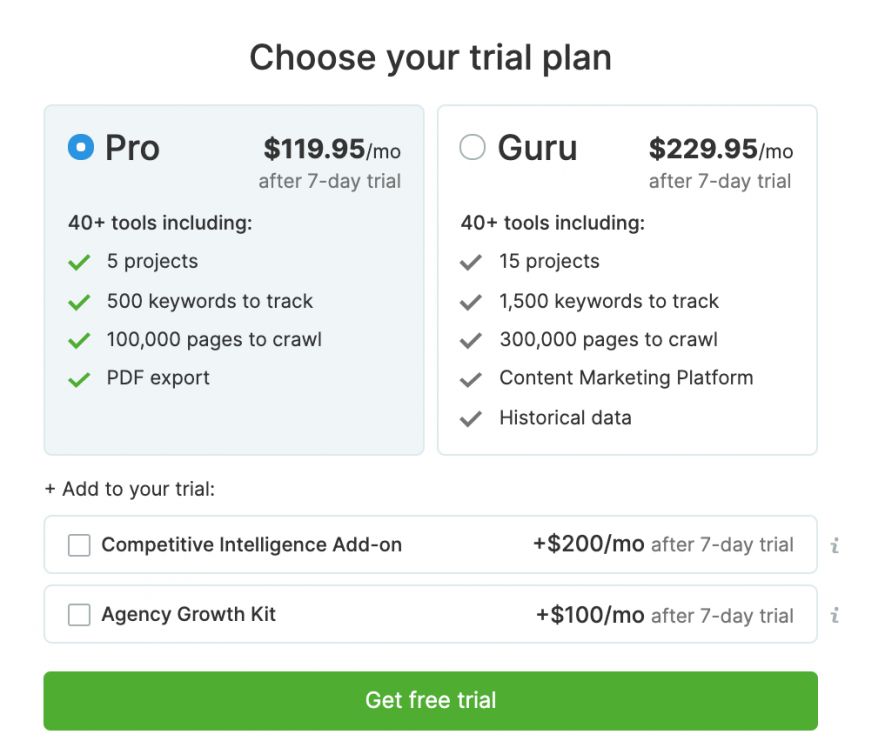 Choose a SEMrush plan